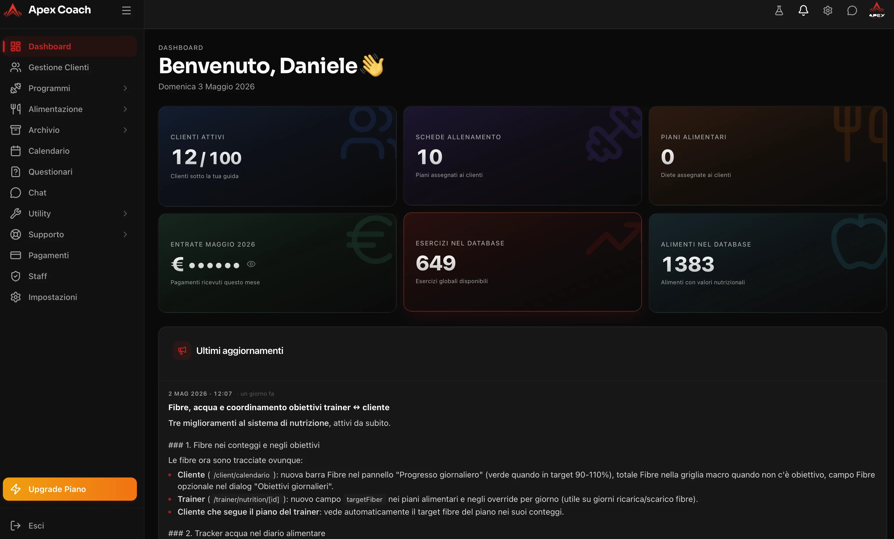 La dashboard del trainer su desktop