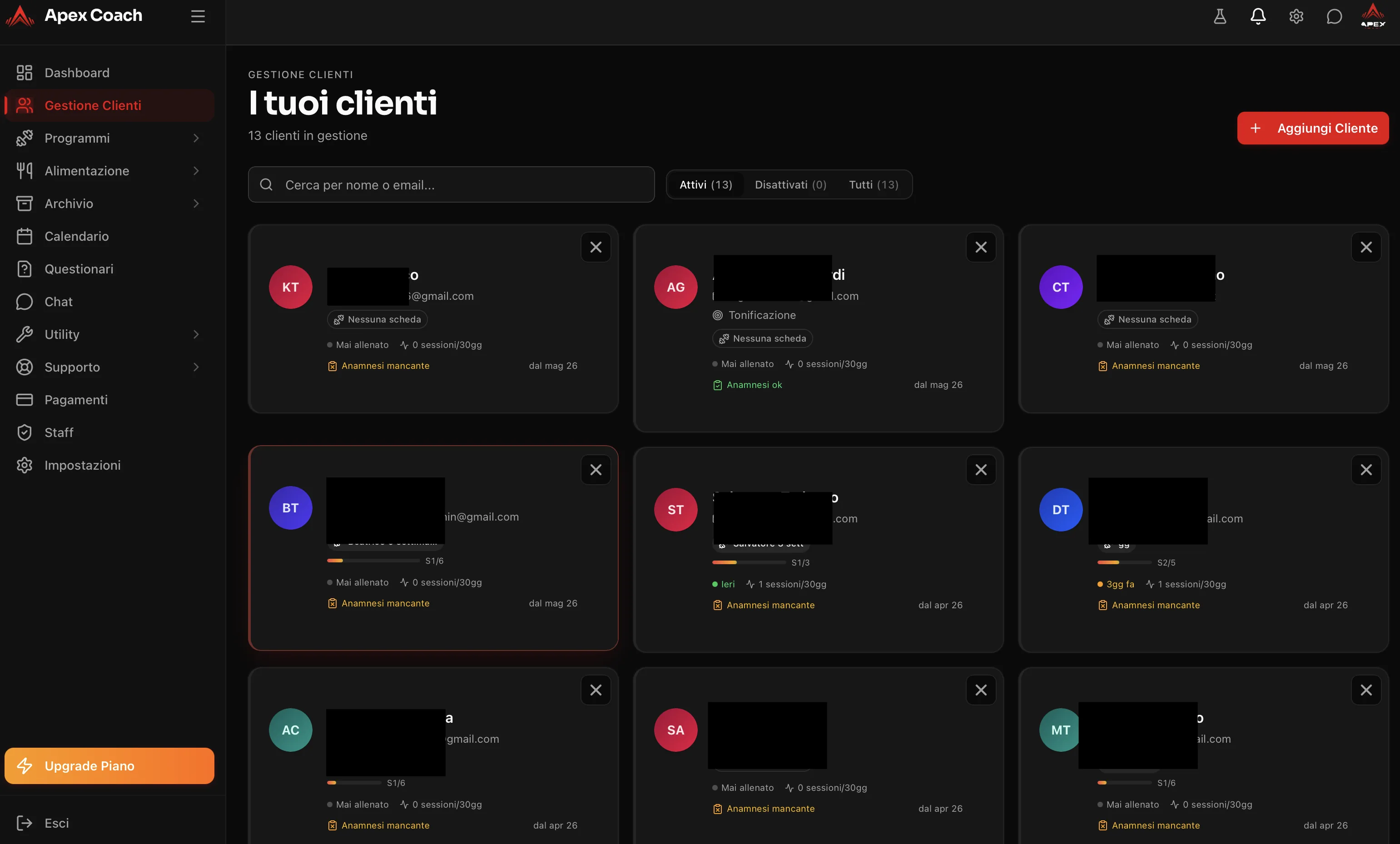 Apex Coach: pagina gestione clienti del trainer con card cliente
